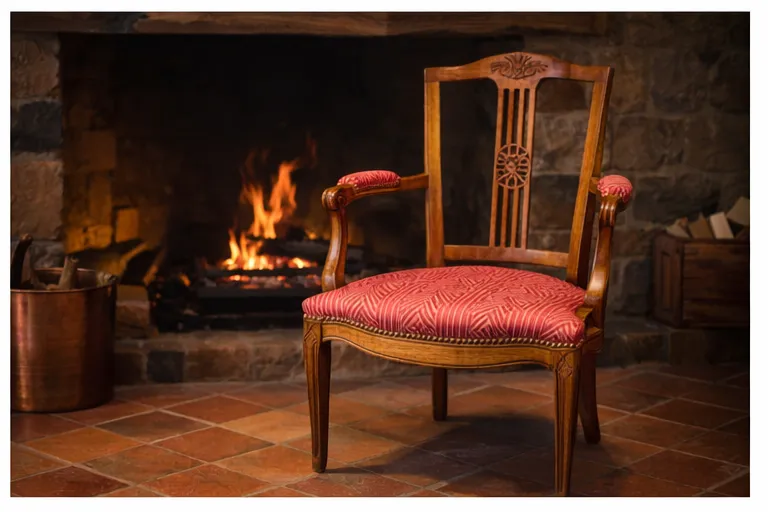 Fauteuil de style Directoire retapissé en rose poudré, devant une cheminée