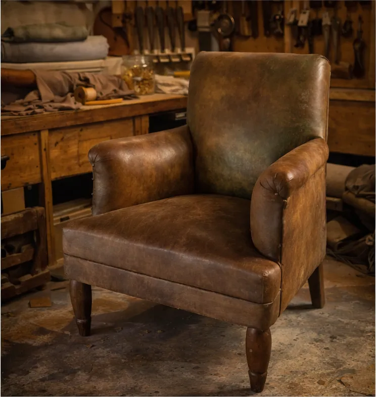 Fauteuil club en cours de restauration dans l'atelier de tapisserie