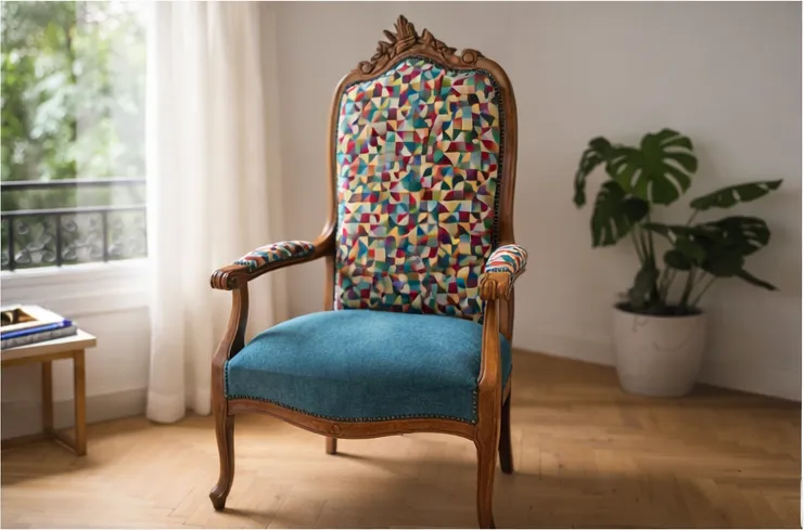 Fauteuil Voltaire restauré, garni d'un velours vert, mis en scène dans un salon clair