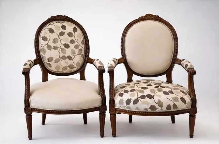 Paire de chaises de style Louis XVI au médaillon retapissé en bleu