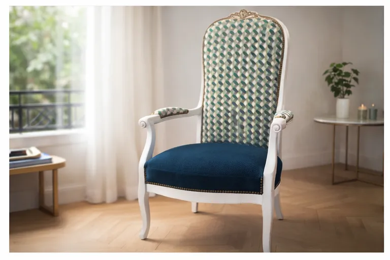 Fauteuil Voltaire retapissé d'un tissu géométrique bleu et blanc